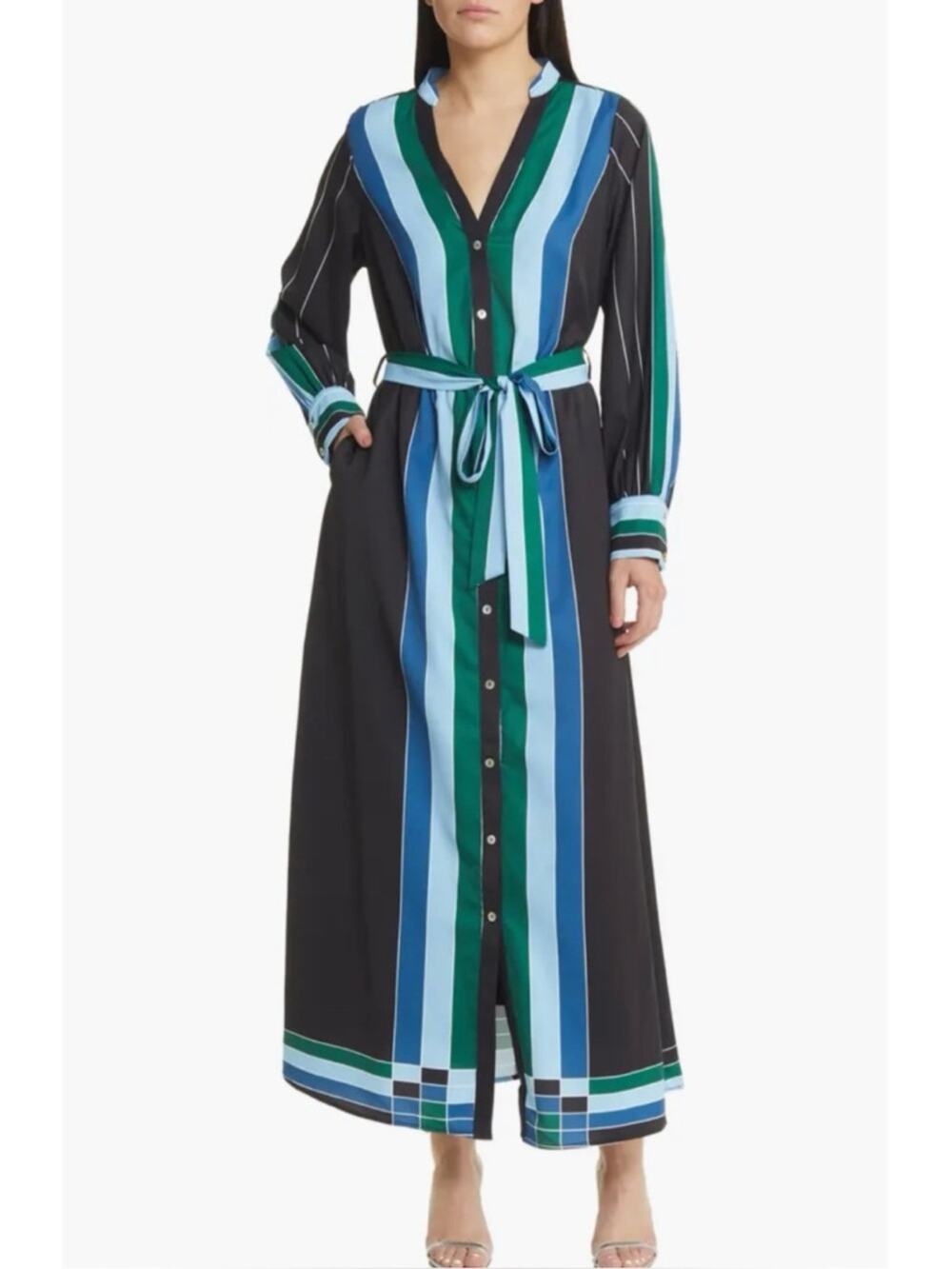 Ciebon Carmine Black Blue Green Stripe Belted Long Sleeve Maxi Shirt Dress XS